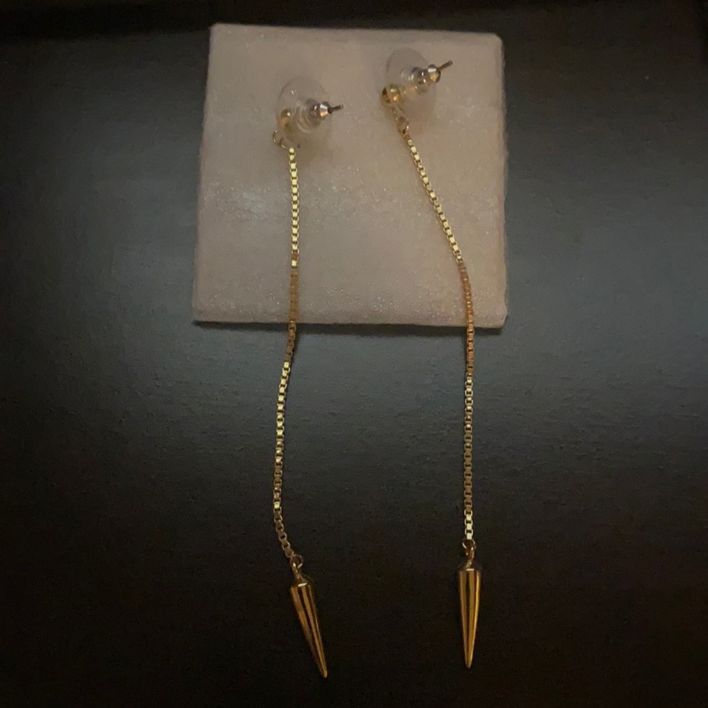 Gold spike earrings 3”, triangle bolo locket